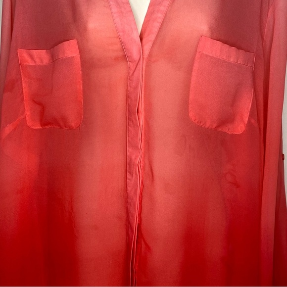 Covington Essentials Semi-Sheer Blouse Coral 3X Button Down Pockets Long Sleeves - Picture 4 of 16